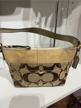 Vintage Coach Beige and Brown Signature Canvas Shoulder Bag